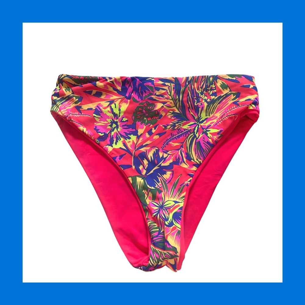 High Waisted Bikini Bottoms Tropical Floral Print Pink Reversible Beach Swimwear